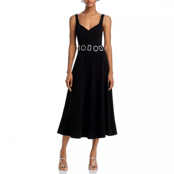 Cinq à Sept Eden Crystal-Embellished A-Line Crepe Cocktail Black Tie Midi Dress - Picture 4 of 12